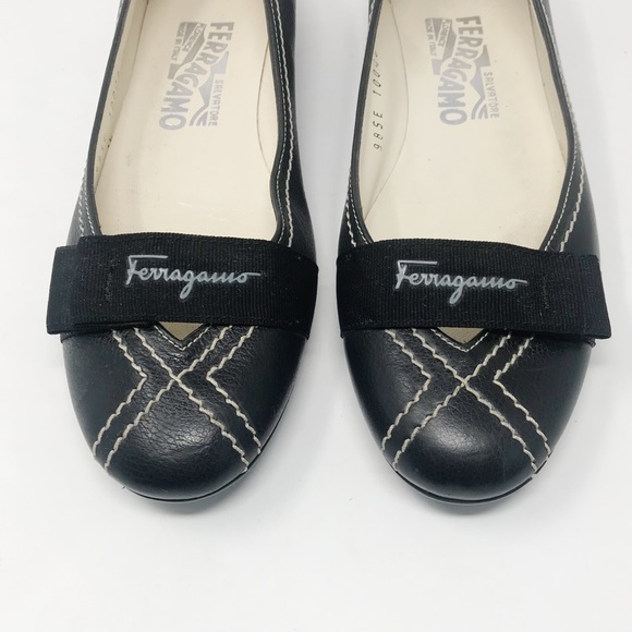 Ferragamo Black Ballet Flats Bow Stitching 6 B 6B - Picture 4 of 13